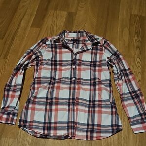 Lands' End Pink and Blue Notched Collar Button Down Blouse